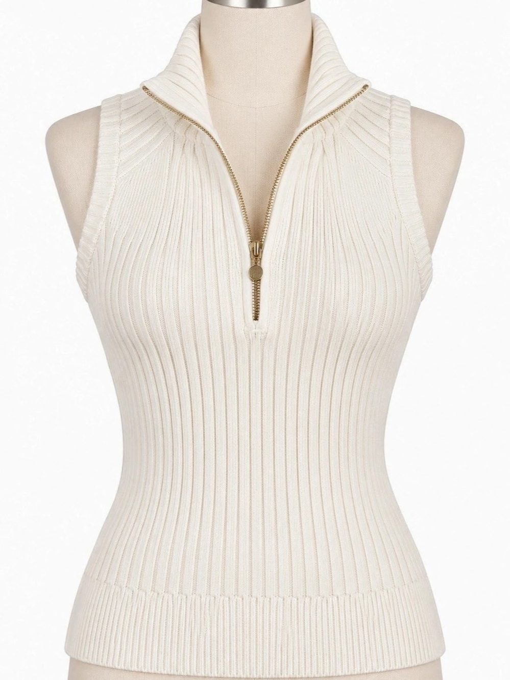 Rafiana Women’s Medium Ivory Ribbed Knit Sleeveless Half Zip Mock Neck Top